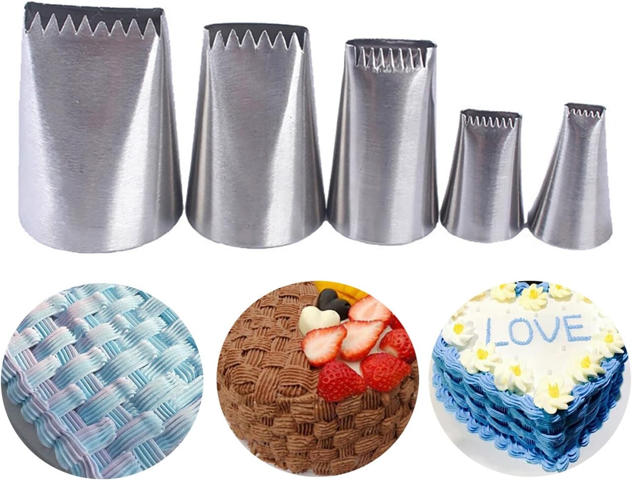 5-Piece Basketweave Piping Tip Set – Stainless Steel Half-Row and Braided Flower Cake Decorating Tips (3D, 1D, 895, 48, 47) for Cupcakes, Cakes, Cookies, and Frosting Designs